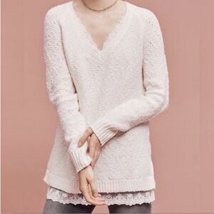 Vintage Anthropologie Knitted & Knotted Sweater Textured Knit Ivory Lace Trim SM